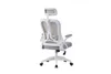A rear view of a gray and white ergonomic office chair on a white background. Voir les images du produit