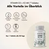 Marketing image for Vitamin D3 + K2 tablets, showing product benefits and a bottle of the supplement. Produktbild-Vorschau