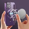 A person's hands are holding a purple iPhone case with a magnetic charging accessory being demonstrated. Produktbild-Vorschau