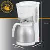 A white and silver coffee maker with a thermos carafe, shown with dimensions and a graphic icon. Anteprima dell’immagine prodotto