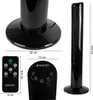 A collage showing a tall black tower fan with its base, remote control, and a close-up of the fan's control panel, along with dimensions. Anteprima dell’immagine prodotto