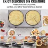 A collage showing a double-headed electric crepe maker with crepes on it, finished crepes, and a step-by-step instructional guide on how to make crepes. Podgląd zdjęcia produktu