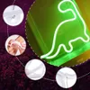 A collage of images showing a neon dinosaur light, its components, and its flexible material. Podgląd zdjęcia produktu