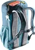 Close-up view of the back of a blue Deuter backpack, showing the straps, mesh padding, and a small pocket with a wallet and keys. Náhľad obrázku produktu