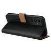 A black flip case for a smartphone is shown open, revealing the phone's camera module. Produktbild-Vorschau