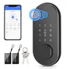 A collage showing a smart door lock, a smartphone displaying a smart lock app, and two key fobs with keys. Náhľad obrázku produktu