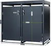 A dark gray metal trash can enclosure with two doors and a flat top, shown outdoors with dimensions indicated by dashed lines and text labels. Produktbild-Vorschau