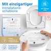A person is installing a toilet seat using an installation template. The image also shows marketing text and icons. Produktbild-Vorschau
