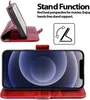 A red flip case for an iPhone 12 Pro Max is shown in use as a stand, with a graphic illustrating the stand function. Produktbild-Vorschau
