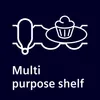 A white line drawing of a shelf with a bottle and a cupcake on it, with text below. Produktbild-Vorschau