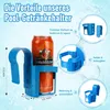 A blue pool drink holder with a can of beer inside, surrounded by water bubbles and marketing text. Produktbild-Vorschau