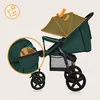 A side view of a green baby stroller with an extended canopy. A close-up inset shows a ventilation detail on the stroller. Náhled obrázku produktu