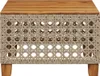A close-up front view of a rectangular coffee table with a wooden top and a woven rattan base. Produktbild-Vorschau