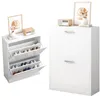 Two white shoe cabinets are shown against a white background. One is shown from the front with its doors closed, and the other is shown from the side with its doors open, revealing shoes inside. Náhľad obrázku produktu