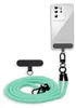 A phone case with a turquoise lanyard and a black attachment for the phone.