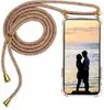 A phone case with a lanyard and a picture of a couple on the screen.