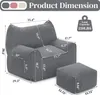 A diagram showing the dimensions of a gray beanbag chair and ottoman. Náhľad obrázku produktu