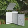 An outdoor storage box for trash cans, with its lid open, set on a green lawn with trees and a fence in the background. Voir les images du produit
