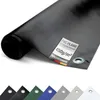 A black PVC tarpaulin rolled up, with a label showing product details and a row of different colored tarpaulins at the bottom. Produktbild-Vorschau