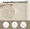 Close-up of beige linen fabric with icons and text describing product features. Voir les images du produit