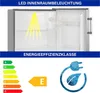 A collage showing the interior of a refrigerator with LED lighting, an energy efficiency label, and an energy saving icon. Produktbild-Vorschau