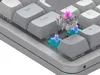 A close-up view of mechanical keyboard switches, with one switch detached and hovering above the keyboard base. Produktbild-Vorschau