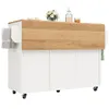 A white kitchen cart with a wooden countertop and towels hanging from the sides. Podgląd zdjęcia produktu