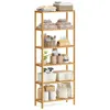 A multi-tiered bamboo shelf unit filled with various household items like towels, toiletries, and cleaning supplies. Produktbild-Vorschau