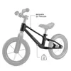 A black balance bike with white wheels and handlebars, presented against a white background. Text overlays highlight features. Produktbild-Vorschau