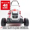 A red and white electric lawnmower is shown from the front, with a red overlay indicating its cutting width. Produktbild-Vorschau