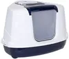 A white and dark blue covered litter box with a gray translucent door. Produktbild-Vorschau