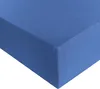 A close-up view of a dark blue fitted sheet, showing its texture and corner. Produktbild-Vorschau
