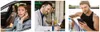A collage of three images showing people using a Bluetooth headset in different scenarios: driving, working at a cafe, and exercising. Produktbild-Vorschau