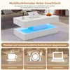 A multi-functional lift-top coffee table with LED lighting, shown in different configurations for use as a coffee table, dining table, and workspace. The image also includes text in German describing its features and benefits. Produktbild-Vorschau