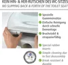 A close-up of hands attaching a toilet seat, with feature descriptions in German and English. Produktbild-Vorschau
