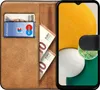 A book-style phone case with a Samsung Galaxy A13 5G phone inside, showing cards and banknotes in the case. Náhľad obrázku produktu