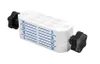 A white adjustable holder with black knobs on either side, featuring blue measurement markings. Produktbild-Vorschau