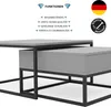 A close-up view of two nesting coffee tables with a black metal frame and gray surfaces. Text and icons are overlaid on the image. Produktbild-Vorschau