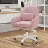 A pink velvet office chair with a small pillow is shown in a home office setting. Produktbild-Vorschau