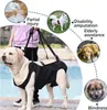 A person is helping a large dog wear a black support harness, with inset images showing different scenarios where the harness might be used. Produktbild-Vorschau