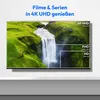 A television screen displaying a waterfall scene with superimposed boxes indicating different resolutions (4K UHD, FHD, HD). Produktbild-Vorschau