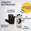 A marketing image showcasing goalkeeper gloves with feature callouts. Produktbild-Vorschau