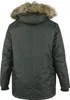 Back view of a green parka jacket with a fur-lined hood. Voir les images du produit