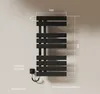A black electric towel warmer mounted on a light-colored wall, with dimensions and power information overlaid. Produktbild-Vorschau