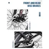 Close-up images of the front and rear disc brakes of an electric bicycle, with text highlighting the features. Produktbild-Vorschau