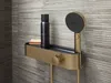 A close-up shot of a modern shower fixture with a shelf, a bottle of product, and a showerhead. Produktbild-Vorschau