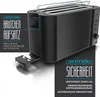 A black toaster with text overlays describing features and branding. Produktbild-Vorschau