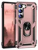 A rose gold phone case with a ring holder is shown next to a smartphone displaying a forest scene. Produktbild-Vorschau