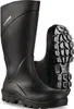 A pair of black safety boots, one standing upright and the other lying on its side showing the sole. Produktbild-Vorschau