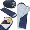 A collage of images showing a navy blue sleeping bag in various states: rolled up, laid out, and with a person inside. Náhľad obrázku produktu